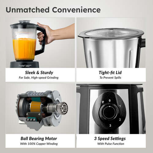 Prestige Endura 1000 Watt Mixer Grinder with 4 Jars | Heavy-Duty Ball Bearing Copper Motor | 3 Stainless Steel + 1 Juicer | Super Efficient SS Blades | Black | 5Y Motor Warranty