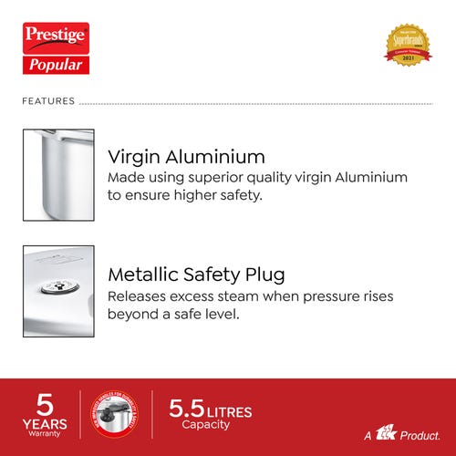 Prestige Popular Virgin Aluminium Precision Weight Valve Pressure Cooker, 5.5 L (Silver)