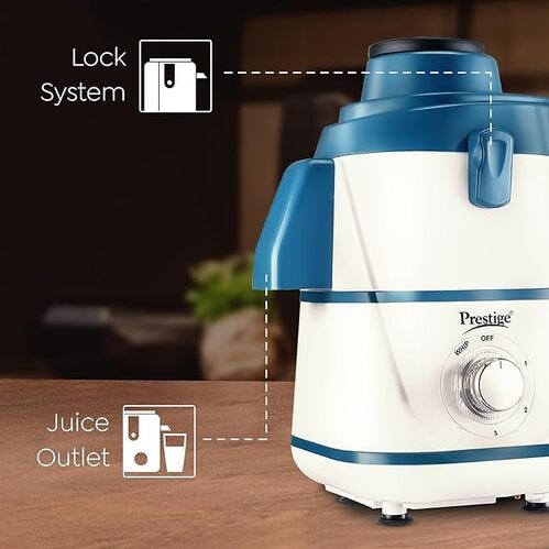 Prestige 500 Watts Breeze Juicer Mixer Grinder with 3 Jars(2 Stainless Steel Jars + 1 Juicer Jar)|Detachable Pulp Collector|Double Lock System|Efficient Stainless Steel Sieve|Juice Outlet|Blue & White