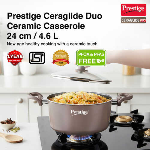 Prestige Ceraglide Duo Ceramic Coating Non Stick Aluminium Cookware Casserole Dia 24 cm (4.6 Litre) with Glass Lid