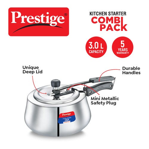 Prestige Nakshatra Cute Svachh 3 L Pressure Cooker + Platina Popular 22 cm (2.25 L) Kadai with Glass Lid and Platina Popular 22 cm (1.9 L) Fry Pan Kitchen Set