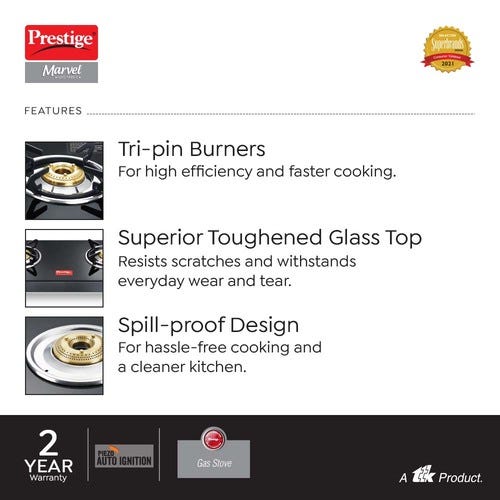 Prestige Marvel Glass Top Gas Stove (2 Burners) with Auto Ignition | Trip-pin Burners | Additional Drip Tray