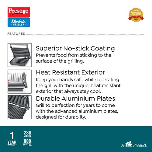 Prestige PEG 5.0 Non-Stick Coating 800 W Electric Grill (Silver and Black)