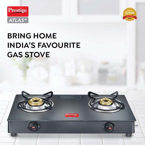 PRESTIGE ATLAS PLUS LP GAS STOVE 1 U GTA-02+ (WITH POWDER COATED BODY, GLASS TOP AND 2 U BRASS BURNERS) & L. P. GAS HOSE (WITH STEEL WIRE RE-INFORCED-1.5m)1 U & GAS LIGHTER PGL 03 1 U & KNIFE 1 U FREE