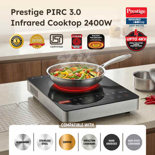 Prestige PIRC 3.0 Plus 2400 Watts Infrared Cooktop | Preset Indian Menu Option with Timer | Compatible With Any Metal Cookware With Flat Bottom | Easy to clean | Portable | Black | 1Y Warranty