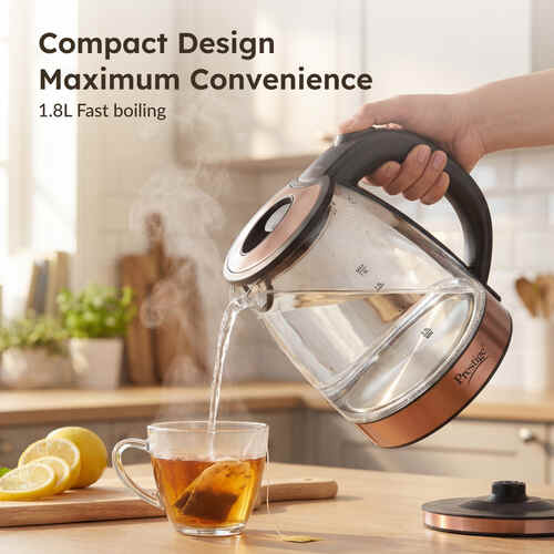 Prestige PKGB 1.8 Litre Electric Glass Kettle| LED Power Indicator| Borosilicate Glass| Automatic Power Cut-Off| Concealed Element| 360 Degree Swivel| Cool Touch Handle