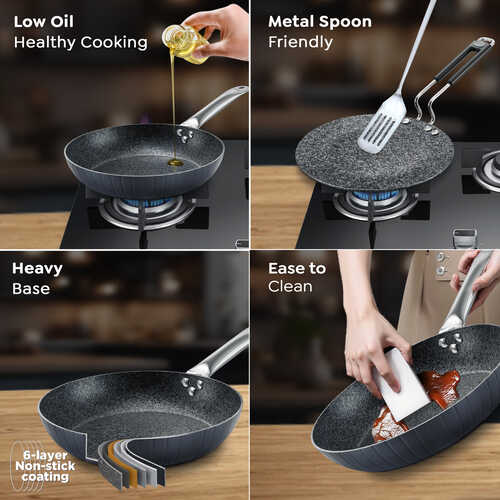 Prestige Durastone Hard Anodised Non-Stick Cookware Set - Fry Pan -24cm/1.9L, Concave Tawa - 24.5cm, Deep Kadai - 24cm/ 3.0L