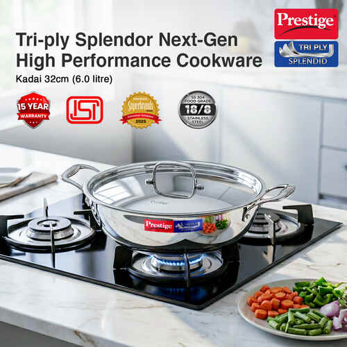 Prestige 32cm/6.0L Tri-Ply Stainless Steel Splendid Kadai with Lid|Gas and Induction Compatible|Even Heat Distribution| Thick Gauge Tri-Ply Body| Perma Cool Handles|15 Year Warranty