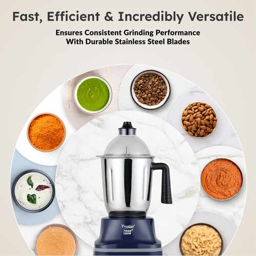 Prestige Prism Plus 1000W Mixer Grinder with 3 Stainless Steel Jars & 1.5L Transparent Juicer Jar – Wet 1.5L, Dry 1.0L, Chutney 450ml | Heavy Duty Motor