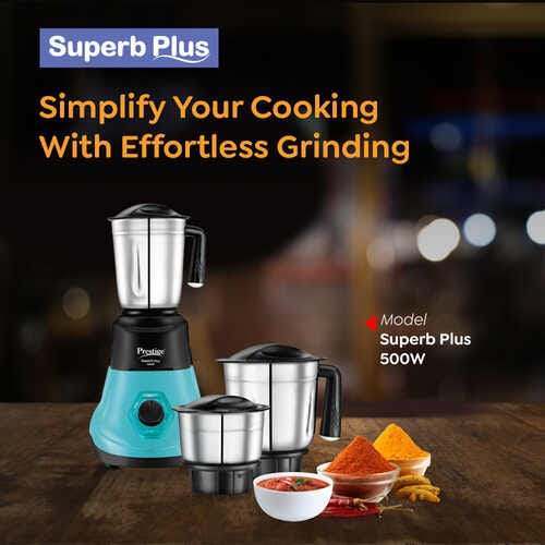Prestige 500 Watts Superb Plus Mixer Grinder with 3 Stainless Steel Jars|Sturdy Handles| Flow Breaker| Blue and Black