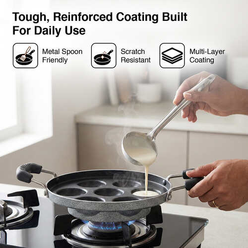 Prestige Omega Select Plus Teflon Coating Residue-free Cooking Round Base 7 Pits Paniyarakkal 20 cm (Black)