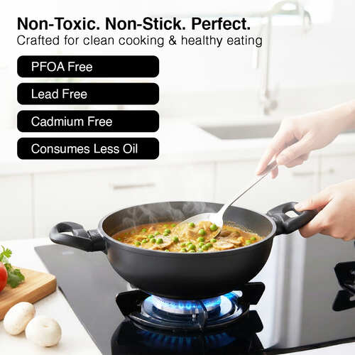 Omega Die-Cast Plus Aluminium Non-Stick Kadai 24 Cm with Glass Lid