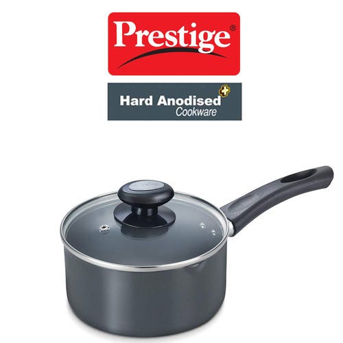 Prestige Hard Anodised Plus Gas and Induction Compatible Milk Pan with Glass Lid, 18cm, 2.25 L (Black)