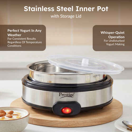 Prestige PYM 02 Electric Yoghurt Maker with Storage Lid| Stainless Steel Inner Pot| Low Energy Consumption| 360 Degree Uniform Heating