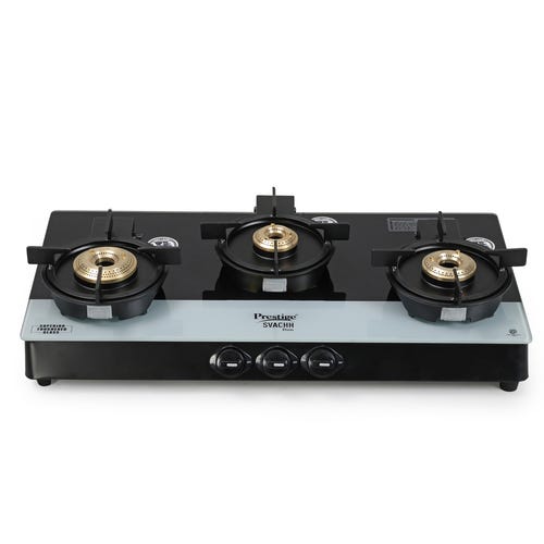 Prestige Svachh Duo Toughened Glasstop Gas Stove with Liftable Burners (Black) 3 Burners