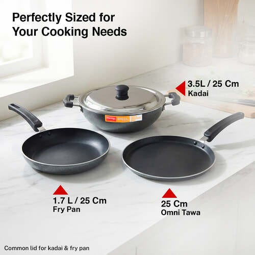 Prestige Omega Select Plus Non-stick Kitchen Set (Omni Tawa 27.5cm, Fry Pan 25cm, Kadai with Lid 25cm) (Black)