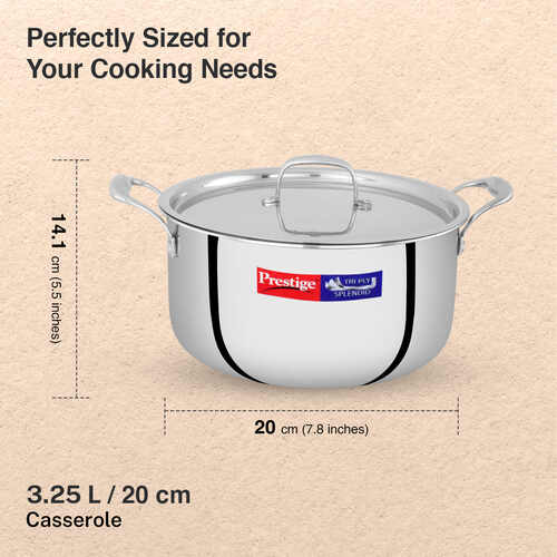 Prestige 20cm/3.2L Tri-Ply Stainless Steel Splendid Casserole| Gas and Induction Compatible |Even Heat Distribution| Thick Gauge Tri-Ply Body| Perma Cool Handles| 15 Year Warranty