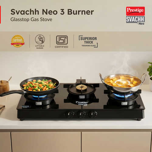 Prestige Svachh Neo 3 Burner Gas Stove | Easy Clean Design-3 Liftable Burners | Toughened Glass Top | Tri-Pin Brass Burners | 1 Jumbo Burner | Ergonomic Knob | Black | 5Y Glass Warranty |ISI Certified