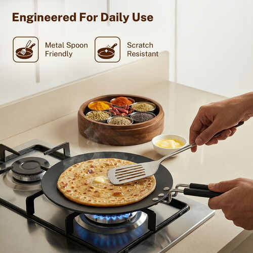 Prestige Hard Anodised Chapati Tawa 24.5 cm | Extra Thick Base (4.88 mm) | Gas & Induction Compatible | Metal Spoon Friendly | Stay Cool Handle | Wide Base | 2Y Warranty | ISI
