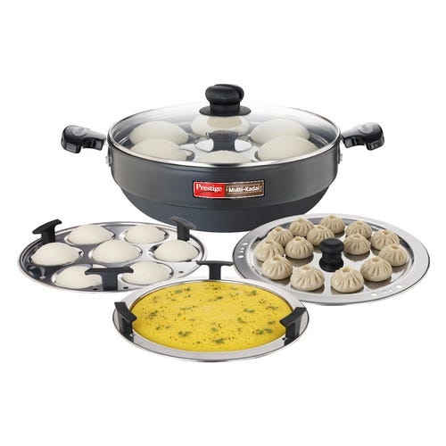 Prestige Hard Anodised Induction Base Multi-Kadai with Glass Lid (Dhokla Plate, Patra Plate, Idli Plates), (Black) 28 cm