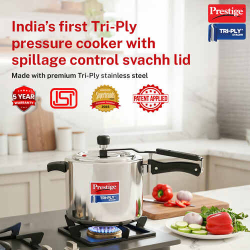 Prestige 5 L Tri-Ply Svachh Inner Lid Pressure Cooker| Gas and Induction Compatible| Spillage Control| Even Heat Distribution| Low Cooking Oil| Faster Cooking| 5 Years Warranty| Silver