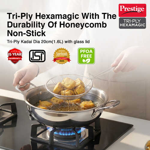 Prestige TRIPLY HexaMagic Kadai 20cm/1.6L | Durable Honeycomb Non-Stick Structure | Low Oil Consumption | Metal Spoon Friendly | Gas & Induction Compatible | 15Y Product & 3Y Coating Warranty| ISI