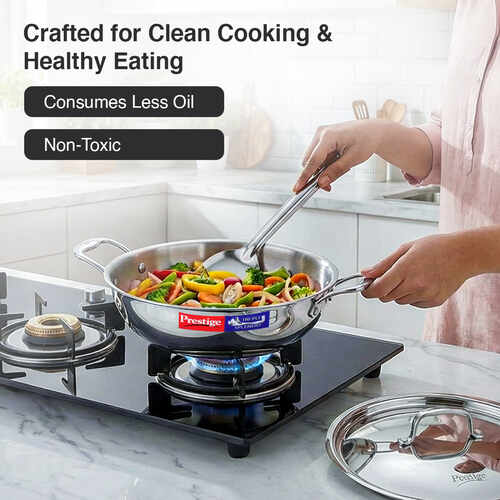 Prestige 30cm/5.0L Tri-Ply Stainless Steel Splendid Kadai with Lid|Gas and Induction Compatible|Even Heat Distribution| Thick Gauge Tri-Ply Body| Perma Cool Handles|15 Year Warranty