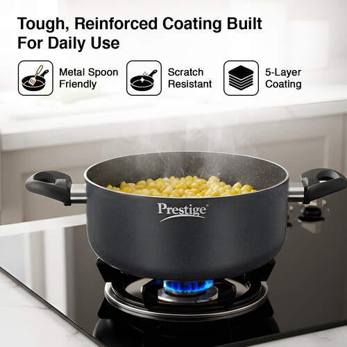 Prestige Omega Deluxe Granite Non-stick Round Base Sauce Pan with Glass Lid, 26cm, 5.75 L (Black)