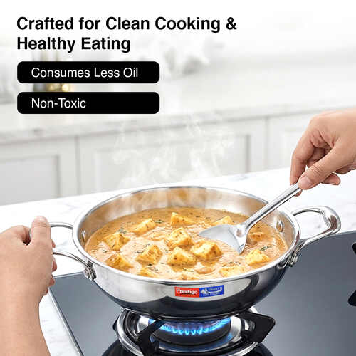 Prestige 26cm/3.2L Tri-Ply Stainless Steel Splendid Kadai with Lid|Gas and Induction Compatible|Even Heat Distribution| Thick Gauge Tri-Ply Body| Perma Cool Handles|15 Year Warranty