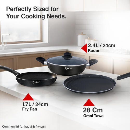 Prestige Omega Deluxe Granite 3 Piece non-stick BYK cookware set (Aluminum)|Contains Fry Pan (24cm), Omni Tawa(28cm), Kadai with lid(24cm)|Black