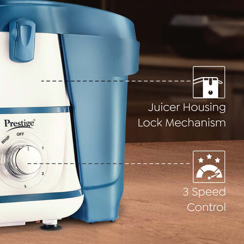 Prestige Breeze 500W Juicer Mixer Grinder with 2 Stainless Steel Jars|Detachable Pulp Collector|Double Lock System|Efficient Stainless Steel Sieve|Juice Outlet|Blue & White