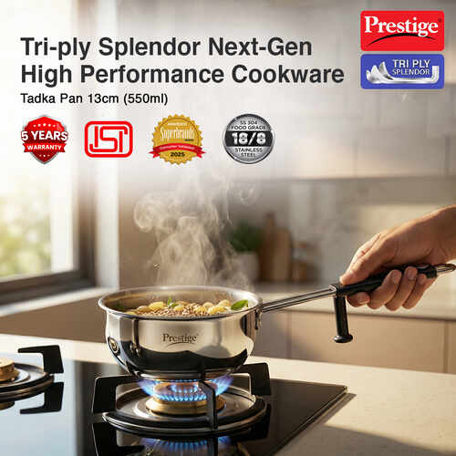 Prestige 13cm/550ml Tri-Ply Stainless Steel Splendor Tadka Pan|Gas & Induction Compatible| Rimmed Edge| In-Built Stand| Heat Resistance Handle| Thick Gauge| Life Time Warranty