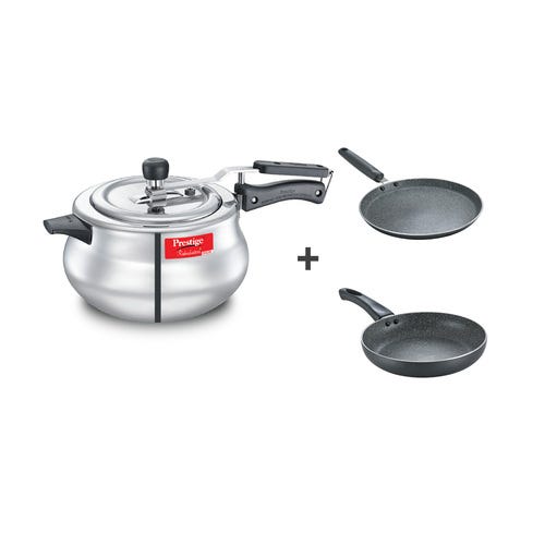 Prestige Kitchen Starter Alu Combi Pack Nakshatra+ Svachh Alu Pressure Cooker 5L, Omega Granite Aluminium Non-Stick Cookware Fry Pan Dia 24cm & Omega Granite Alu Non-Stick Cookware Omni Tawa Dia 28cm