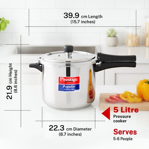 Prestige Popular Svachh Spillage Control Stainless Steel Pressure Cooker, 5 L (Silver)