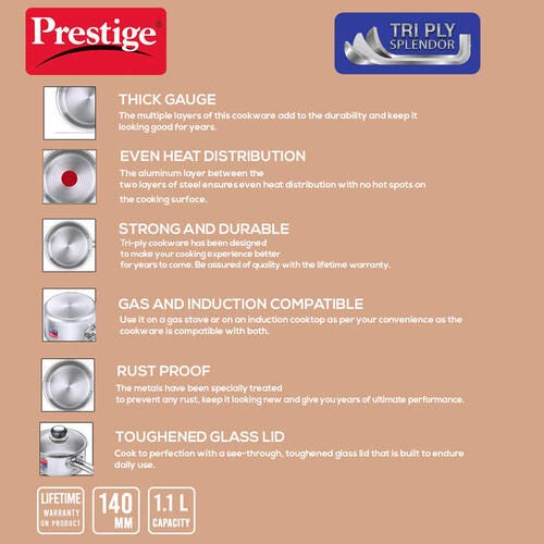 Prestige 14cm/1.1L Tri-Ply Stainless Steel Splendor Sauce Pan with Glass Lid|Gas and Induction Compatible| Even Heat Distribution|Strong and Durable| Perma-Cool Handles| Lifetime Warranty