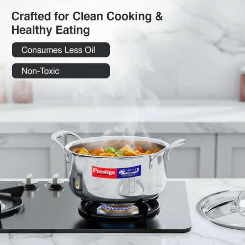 Prestige 20cm/3.2L Tri-Ply Stainless Steel Splendid Casserole| Gas and Induction Compatible |Even Heat Distribution| Thick Gauge Tri-Ply Body| Perma Cool Handles| 15 Year Warranty