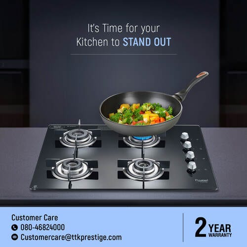 Prestige Marvella 4 Burner Hob | Auto Ignition | Toughened Glass Top | SABAF Burners | Sturdy Pan Support | Ultra Slim Body | Ergonomic Knob | Black | 5Y Glass Warranty