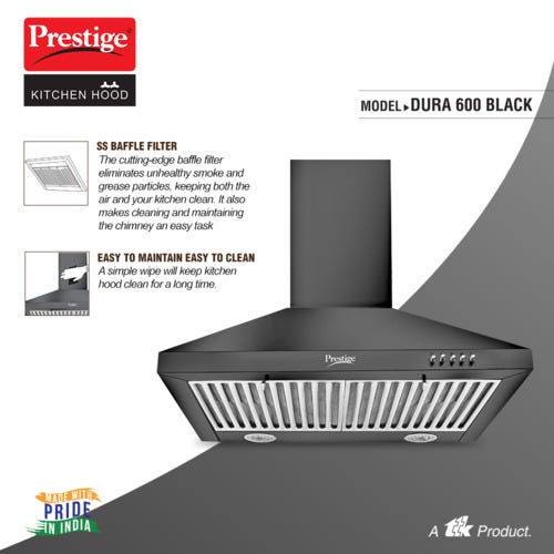 Prestige Dura 600 Black Stainless Steel Baffle Filter Kitchen Hood - 1000m3/hr