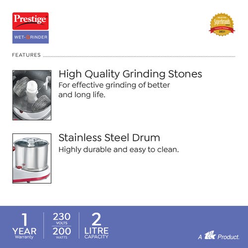 Prestige PWG 05 Wet Grinder with Stainless Steel Drum 200 W, 2 L (White, Red)