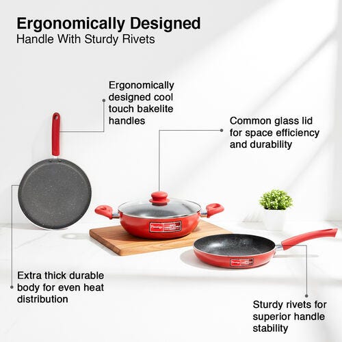 Prestige Aluminum Omega Cookware Set, 3-Piece, 1.5 Liters, Red