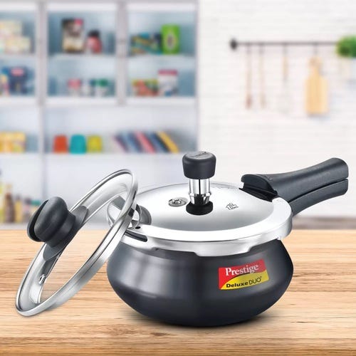 Prestige Deluxe Duo Plus Hard Anodised Gas and Induction Compatible Pressure Handi with Glass Lid, (Black)