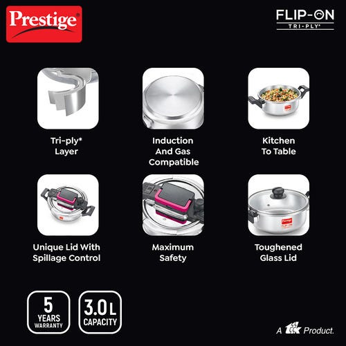 PRESTIGE FLIP-ON TRI-PLY STAINLESS STEEL PRESSURE COOKER 3 L 220m WITH GLASS L|D