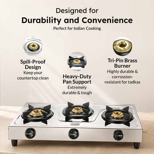 Prestige Prime Jumbo 3B L.P Gas Table|Tri-Pin Burners|Spill-Proof Design Stainless Steel Manual Gas Stove (3 Burners)