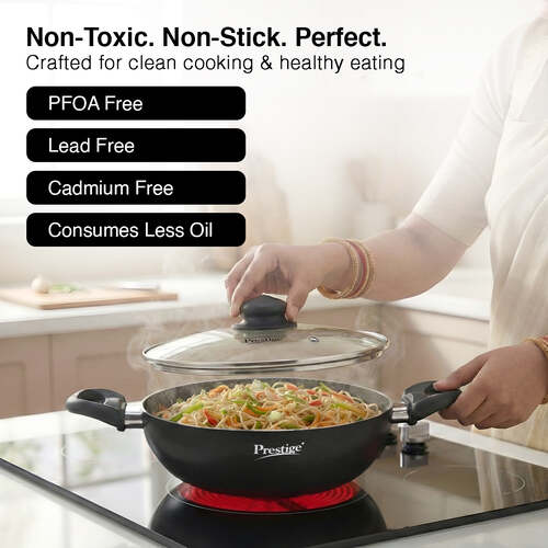 Prestige Omega Deluxe Granite Non-stick Kadai with Glass Lid, 24cm, 2.4 L (Black)