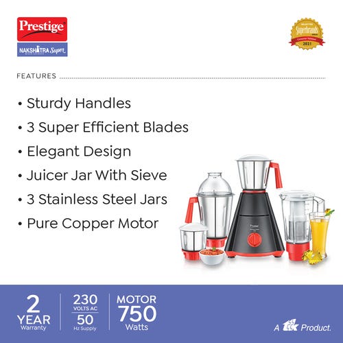Prestige 750 Watts Nakshatra Super Mixer Grinder with 4 Jars (3 Stainless Steel Jars + 1 Juicer Jar)| Sturdy Handles| Juicer Jar with Sieve|Red and Black