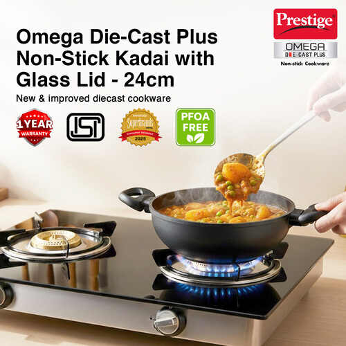 Omega Die-Cast Plus Aluminium Non-Stick Kadai with Glass Lid