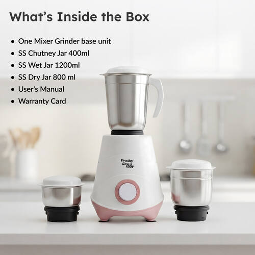 Prestige 500W Nexus Mixer Grinder with 3 Stainless Steel jars|1200ml Wet Jar,800ml dry jar, 400ml chutney jar|3 Super-efficient Blades|3 motor setting|Sturdy Handles |2 Yrs Warranty|White & Rose Gold