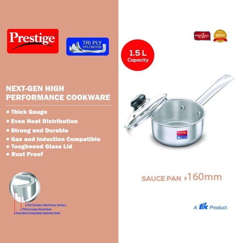 Prestige 16cm/1.5L Tri-Ply Stainless Steel Splendor Sauce Pan with Glass Lid|Gas and Induction Compatible| Even Heat Distribution|Strong and Durable| Perma-Cool Handles| Lifetime Warranty