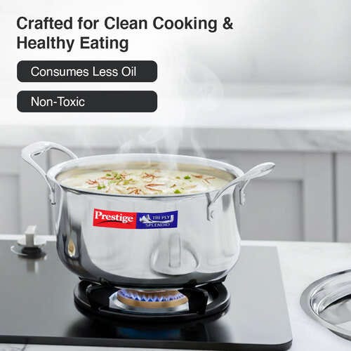 Prestige 24cm/5.5L Tri-Ply Stainless Steel Splendid Casserole| Gas and Induction Compatible |Even Heat Distribution| Thick Gauge Tri-Ply Body| Perma Cool Handles|15 Year Warranty