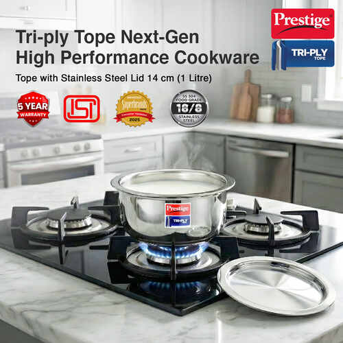 Prestige 14cm/1L Tri-Ply Stainless Steel Tope with Lid|Gas and Induction Compatible| Even Heat Distribution|Strong and Durable| 5 Years Warranty